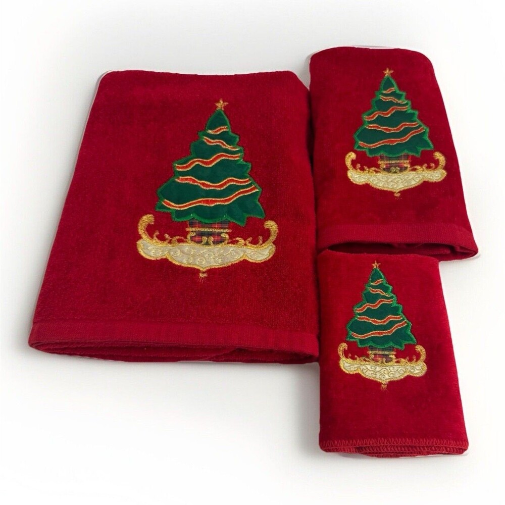 Vtg Hand Fingertip Towel Bath Wash Set Embroidered Christmas Tree Gold Trim Red